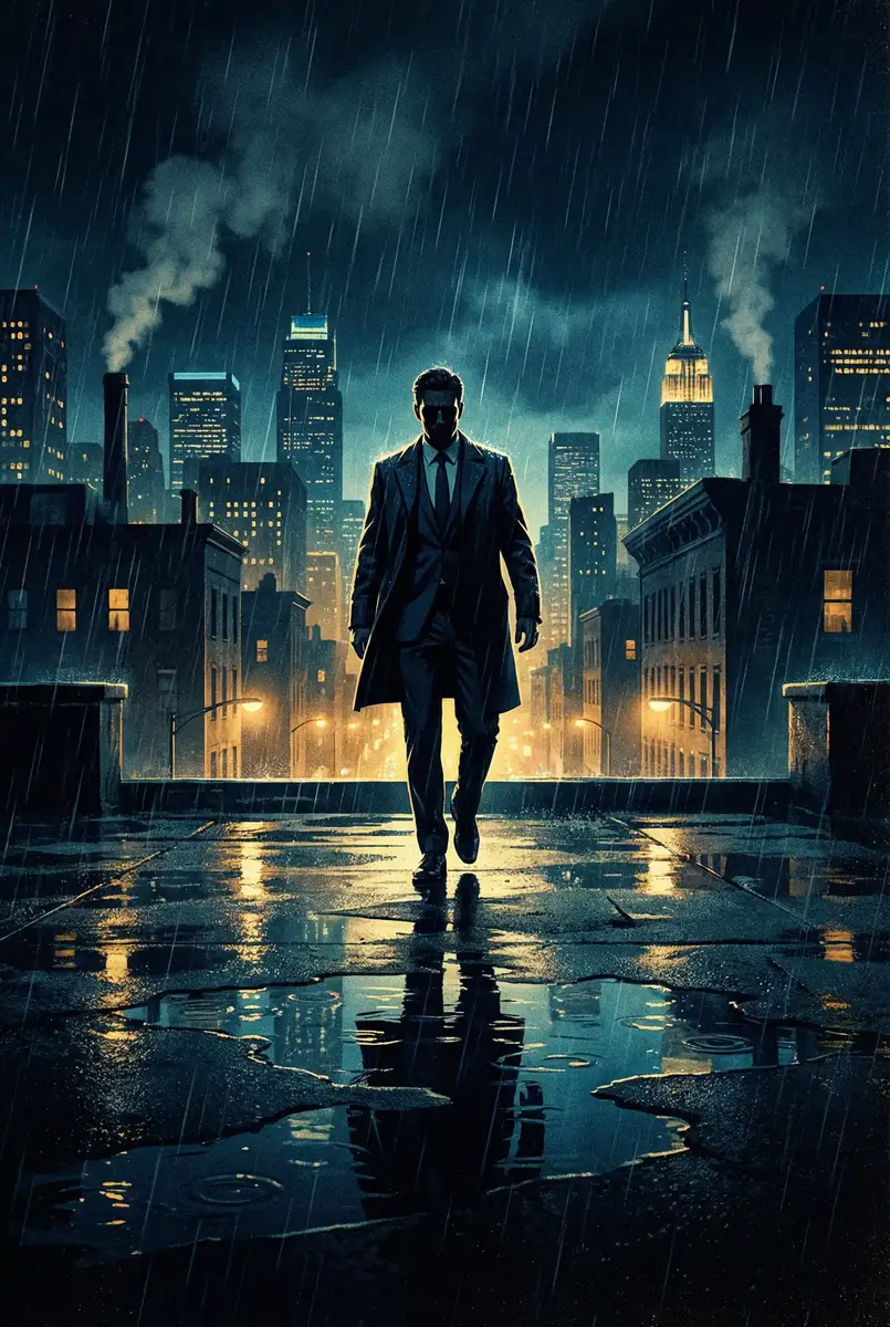 敢死队电影 出品影片《雨夜独行者》海报，雨中城市屋顶男性剪影